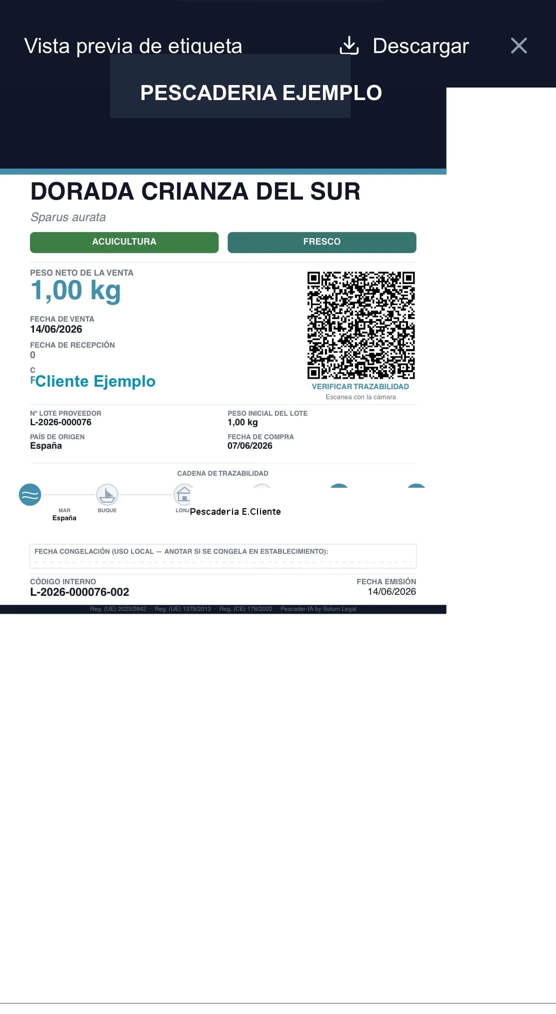 Pescader-IA: etiqueta de pescado con QR de trazabilidad conforme al Reglamento (UE) 2023/2842 generada desde una foto del albarán