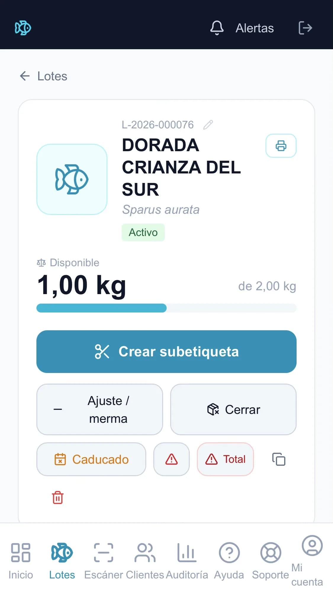 Pescader-IA — detalle de un lote madre con barra de disponible y botón Crear subetiqueta